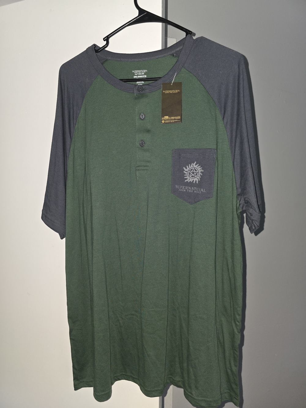 Supernatural Men's Green & Gray Raglan Henley Pocket Tee